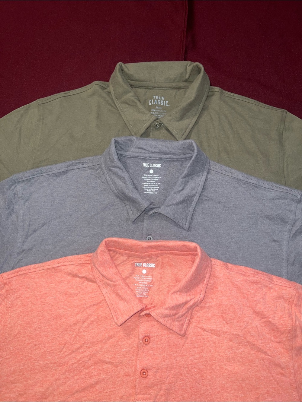 True Classic Polo Shirt - Coral, Gray, Olive (3-Pack)size Large